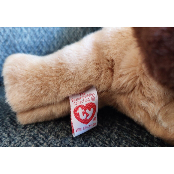 Ty Beanie Buddies Baby Bones Dog Plush aBrown Stuffed Animal Laying Down Toy - Picture 4 of 7